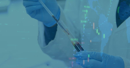 Image of digital interface world map and statistics with hands of scientist testing in lab. healthcare and protection during coronavirus covid 19 pandemic, digitally generated image.の写真素材