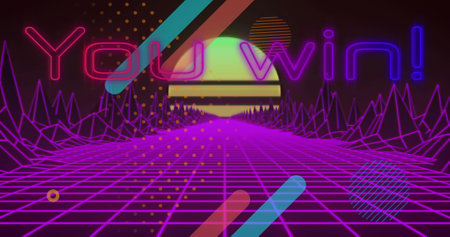 Image of win text over colourful grid with digital terrain. digital interface image game concept...