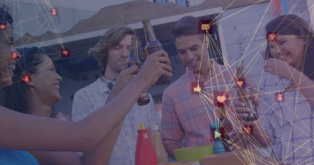 Image of network of connection over group of male and female friends holding bottles of beer. global networking social media concept digital composite.の写真素材