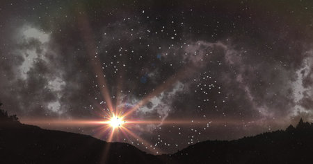 Image of yellow glowing spot of light, particles rotating and clouds moving over stars on night sky....