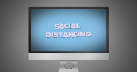Displaying Social Distancing message, computer screen in school setting. Distance learning,...