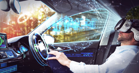 Image of 3d cityscape drawing over businessman wearing vr headset in self driving car. global network and technology concept, digitally generated imageの写真素材