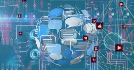Image of globe of speech bubbles spinning with connected technological icons floating. digital...