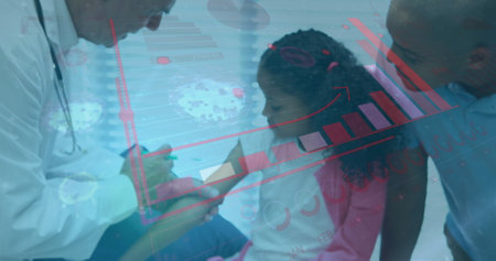 Image of digital interface and statistics with doctor giving vaccination to girl with father. healthcare and protection during coronavirus covid 19 pandemic, digitally generated image.の写真素材