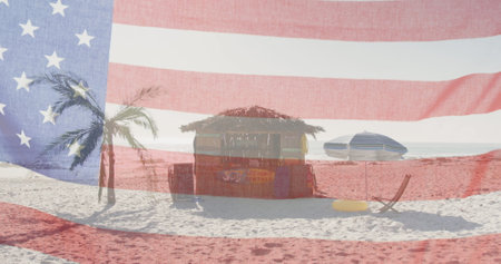 American flag with glitch effect against view of wooden beach bar at the beach. american independence patriotic holiday conceptの写真素材