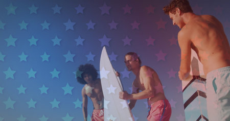 Image of american flag pattern over friends with surfboards on beach. usa patriotism and democracy...