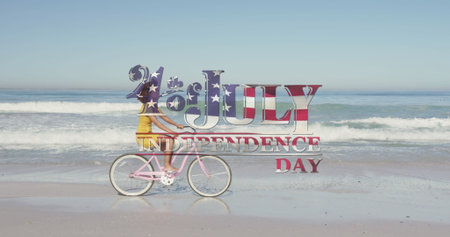 American flag waving over independence day text against woman riding bicycle on the beach. american independence patriotic holiday conceptの写真素材