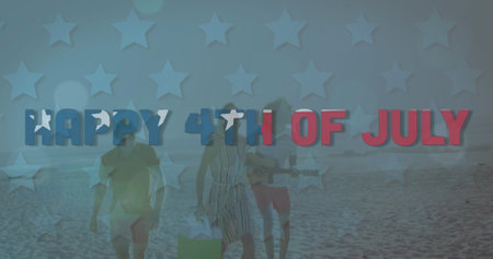 Image of happy 4th of july text and american flag over smiling friends on beach. usa, patriotism and democracy concept digitally generated image.の写真素材