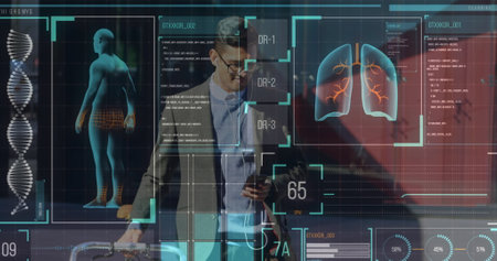 Digital interface with medical data processing against man with trolley bag using smartphone....