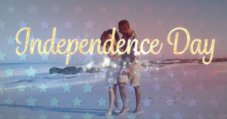 Image of independence day text with american flag pattern over couple in love on beach. usa...