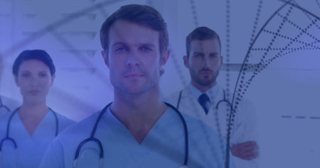 Image of spinning 3D DNA strand formed with particles over portrait of group of doctors. Global medicine research science concept digitally generated image.の写真素材