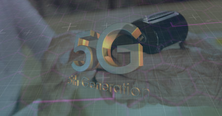 Image of 5g 5th generation text over woman using terminal for payment in background. Digital interface global connection and communication concept digitally generated image.の写真素材