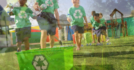 Collecting plastic bottles, children participating in outdoor recycling activity enthusiastically. sustainability, environment, outdoors, teamwork, eco-friendly, volunteerの写真素材