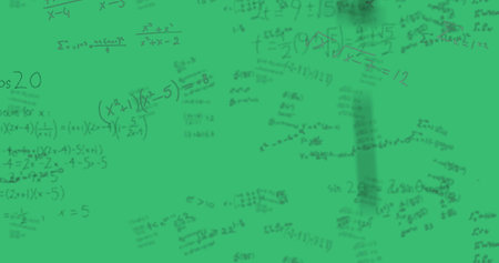 Mathematical equations and formulas written on green chalkboard in classroom. Education, mathematics, algebra, geometry, learning, teachingの写真素材