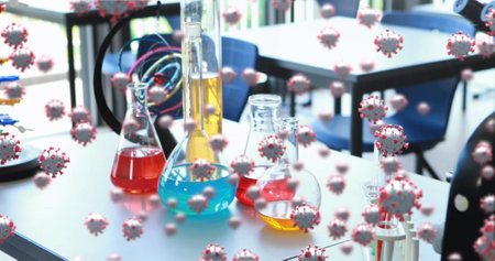 Laboratory with colorful chemical flasks surrounded by digital virus illustrations. Science,...