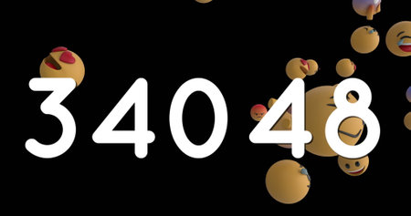 Floating emojis with playful expressions on black background, creating fun atmosphere. whimsical, joyful, colorful, cheerful, vibrant, digitalの写真素材