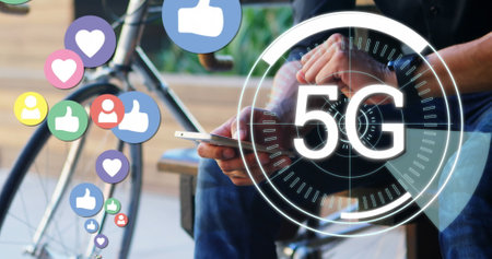 Using smartphone, person engaging with social media apps, showcasing 5G connectivity. Technology,...
