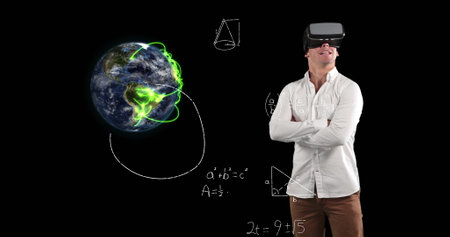 Image of mathematical equations and spinning globe floating over teacher wearing vr goggles....