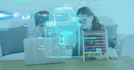 Man and woman using laptop and abacus with digital lock interface overlay. Technology, security,...