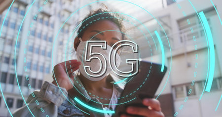 Using smartphone outdoors, Asian woman exploring 5G connectivity in city streets. Technology,...