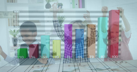 Children celebrating success with colorful bar graph overlay in modern classroom. Education, teamwork, achievement, growth, statistics, progressの写真素材