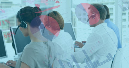 Customer service team using headsets and computers, analyzing digital data overlays. Call center,...