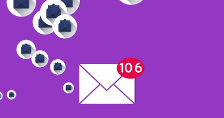 Image of envelope icons with numbers growing flying on purple background. Global social media networking concept digitally generated image.の写真素材