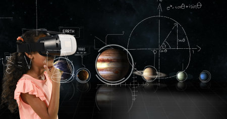 In school, young girl exploring solar system using virtual reality headset. Technology, education,...