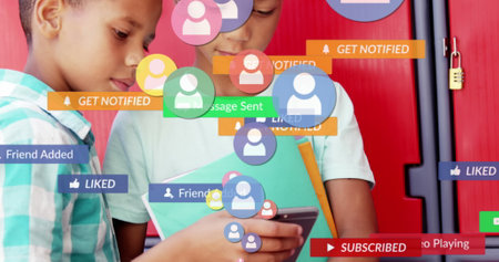 Image of social media text on banners with digital icons over boy using smartphone. global...