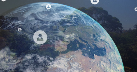 Composition of digital people icons over globe and landscape. global connections, digital interface and technology concept digitally generated image.の写真素材