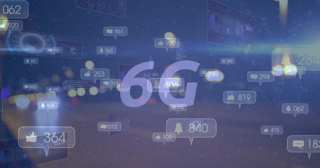 Image of 6g text, social media icons on banners over data processing. global online communication, digital interface and technology concept digitally generated image.の写真素材