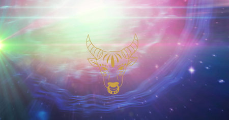 Image of taurus star sign symbol over glowing stars. horoscope and zodiac sign concept digitally generated image.の写真素材
