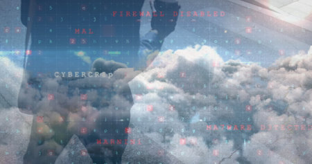 Image of online security and data processing over businessman and clouds. global online security,...