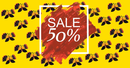 Image of sale 50 percent off text over banner and flowers in background. retro sales, retails and...