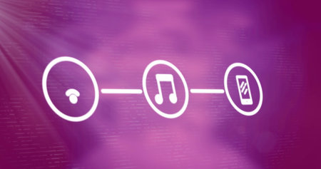 Image of network of connections with icons over pink background. global connections, digital interface and security concept digitally generated image.の写真素材