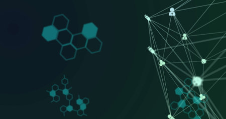 Image of information and data processing with network of connected icons on black. global research...