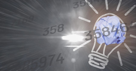 Digital image of multiple changing numbers and light bulb against spot of light. business idea and technology conceptの写真素材