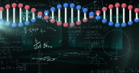 Image of dna strand spinning, data processing and mathematical equations over screens. global...