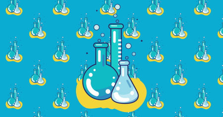 Chemistry beakers icons moving over multiple chemistry beakers icons against blue background. back to school and education conceptの写真素材