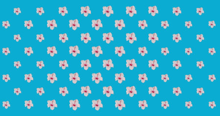 Digital image of multiple pink flowers moving against blue background. floral and tropical...