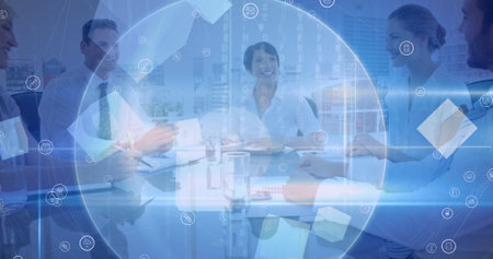 Scope scanning over network of digital icons against businesspeople shaking hands at office....