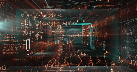 Mathematical equations floating against screens with mathematical symbols on green background. mathematical research technology conceptの写真素材