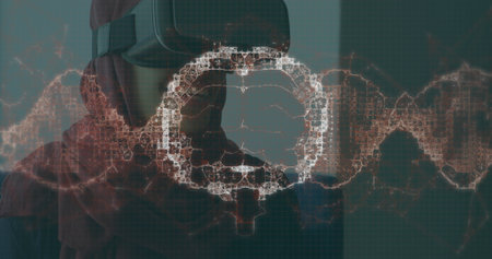 Image of brain scan and medical data processing on interface, over smiling man in vr headset. global...