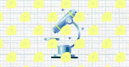 Multiple back to school text banners floating over microscope icon against squared lined paper. back to school and education conceptの写真素材