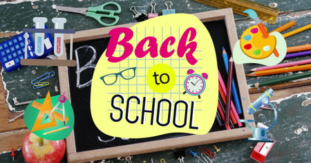 Back to school text against wooden slate and school equipment on wooden table. back to school and...