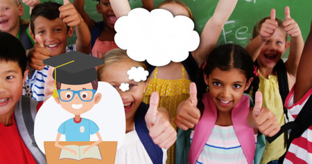 Image of school icons over school children in classroom. education, learning and knowledge concept digitally generated image.の写真素材