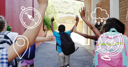 Image of school icons over school children running in school. education, learning and knowledge concept digitally generated image.の写真素材