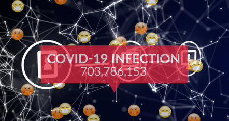 Image of text covid 19 infection and rising numbers on red, over network and emoticons, on black....