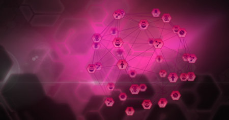 Interconnected glowing pink nodes with futuristic digital network interface icons. Technology,...