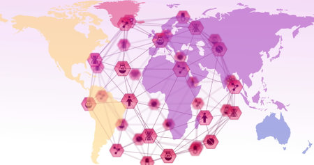 Digital icons overlaying world map illustrating global technology network connections. innovation, futuristic, virtual, communicationの写真素材